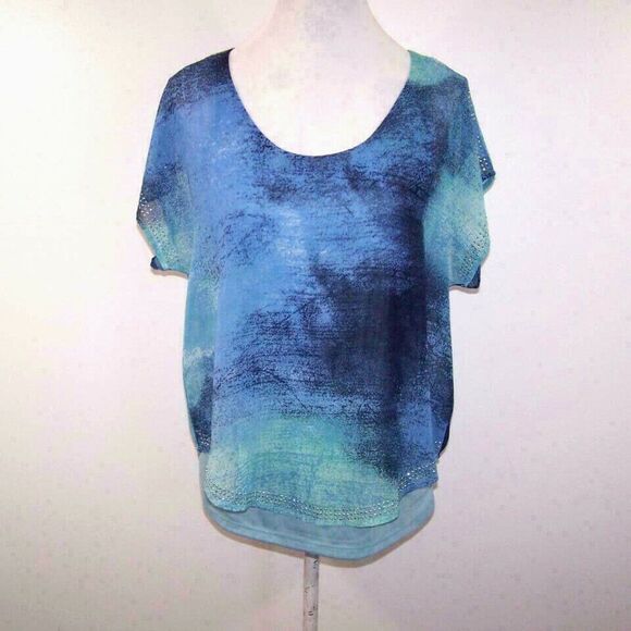 World Unity Shirt Top Medium Chiffon Overlay Studded Scoop Neck Layered Blue - Picture 2 of 8